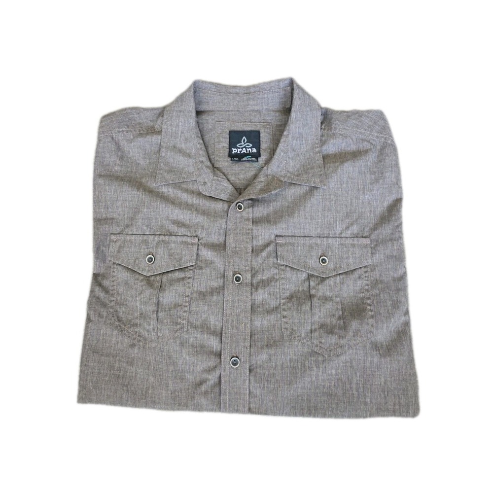 Prana Button Up Shirt Mens Large Tanish Brown Roll Cuff Outdoor Hiking Casual